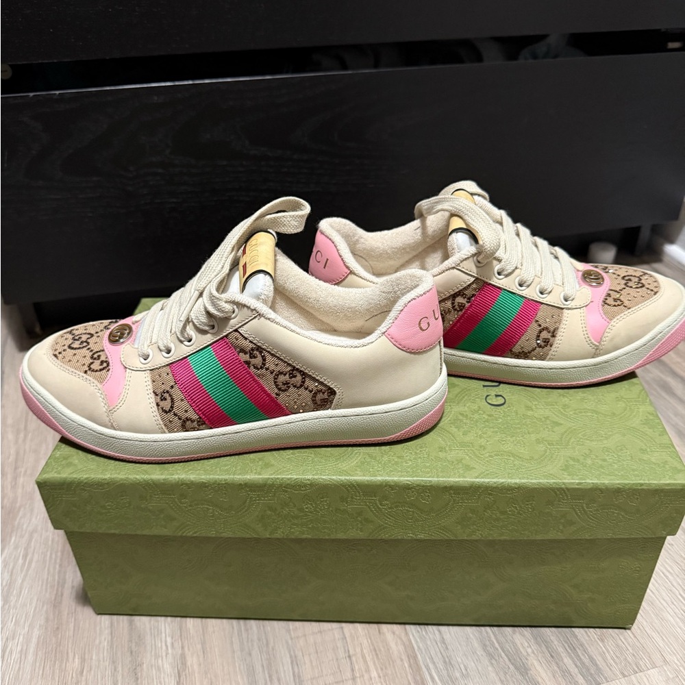 Gucci Beige & Pink Women's Screener sneaker with crystals
